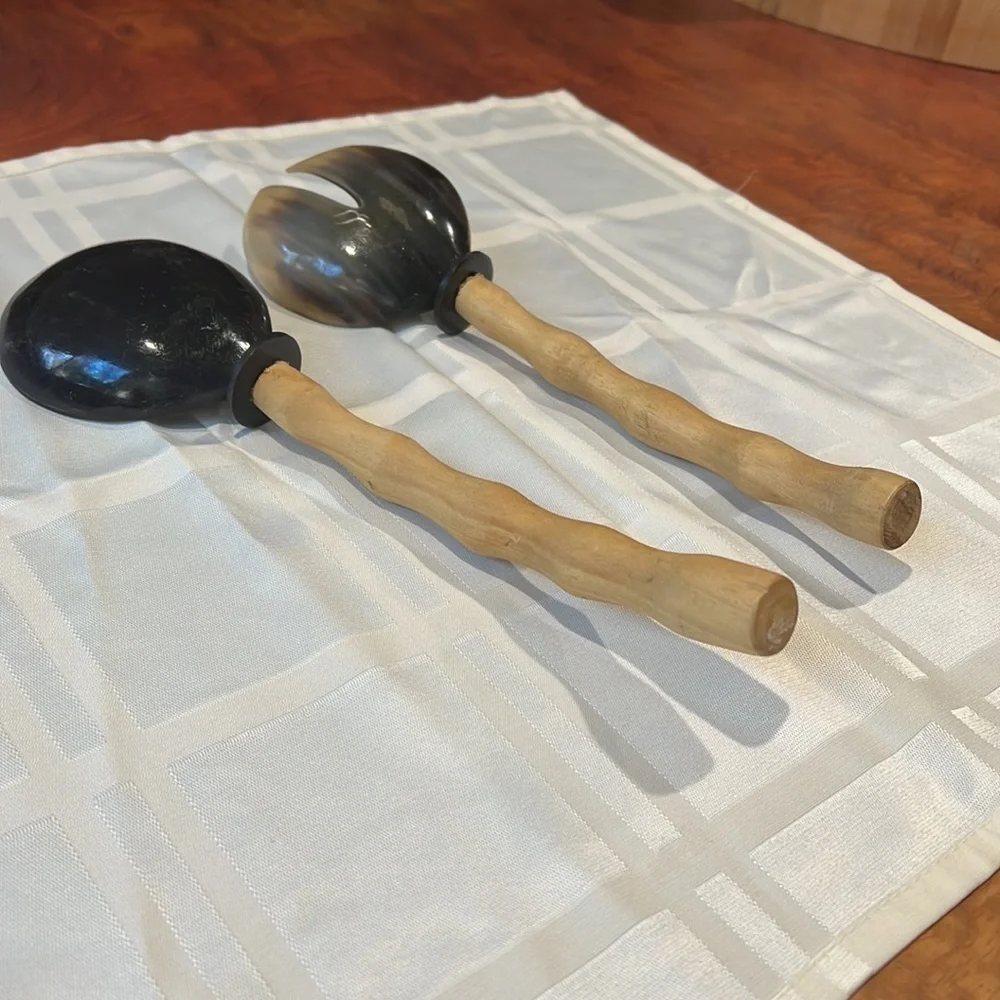 Pair of 11” Horn and Wood Serving Spoons